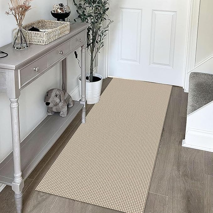 KOZYFLY Runners for Hallways 2x5 ft Washable Kitchen Runner Non Slip Rubber Backed Hall Runners Cotton Entryway Runner Rugs Floor Carpet for Indoor Backdoor Bedroom Kitchen, Ivory/Khaki