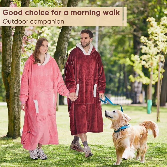 yescool Wearable Blanket Hoodie - birthday gifts for Adults/Women/mom, Flannel Cozy Sherpa Fleece Blanket Sweatshirt with Hood, Pocket & Sleeves, Large, One Size Fits All (Red)