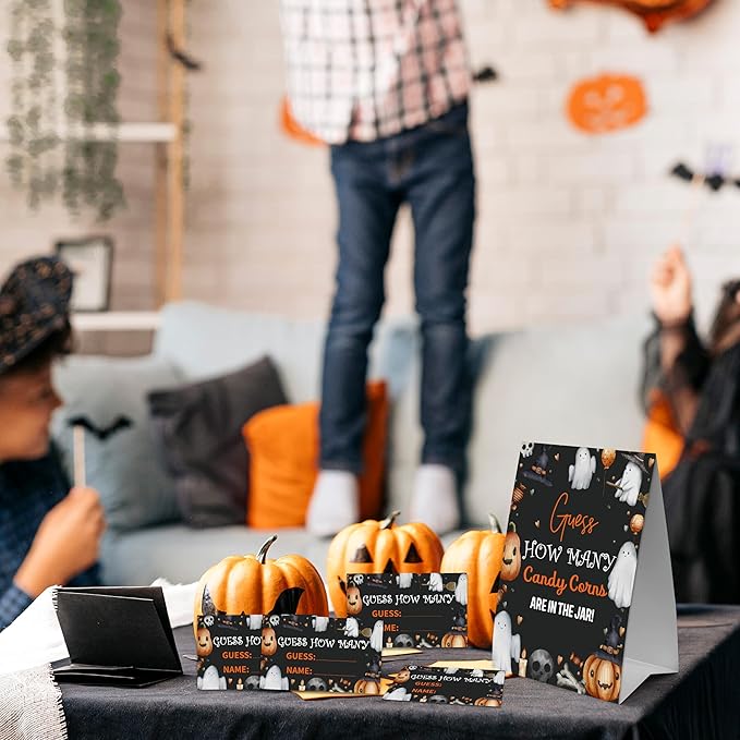Halloween How Many Candy Corns Are In The Jar - 1 Standing Sign & 50 Guessing Cards - Halloween Ghosts Party Game & Decoration For Boys, Girls, Adults - Baby Shower, Birthday Game Set - A03