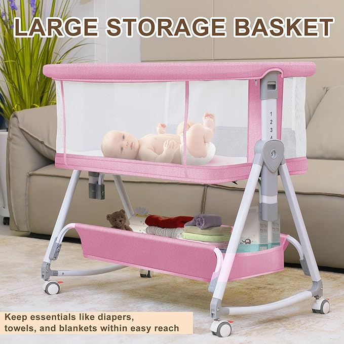 Baby Bassinet with Musical Toy,3 in 1 Baby Bassinets Bedside Sleeper,All Mesh Bedside Bassinet with Storage Basket and Wheels,7 Height Adjustable Bedside Crib for 0-6 Months Baby (Pink)