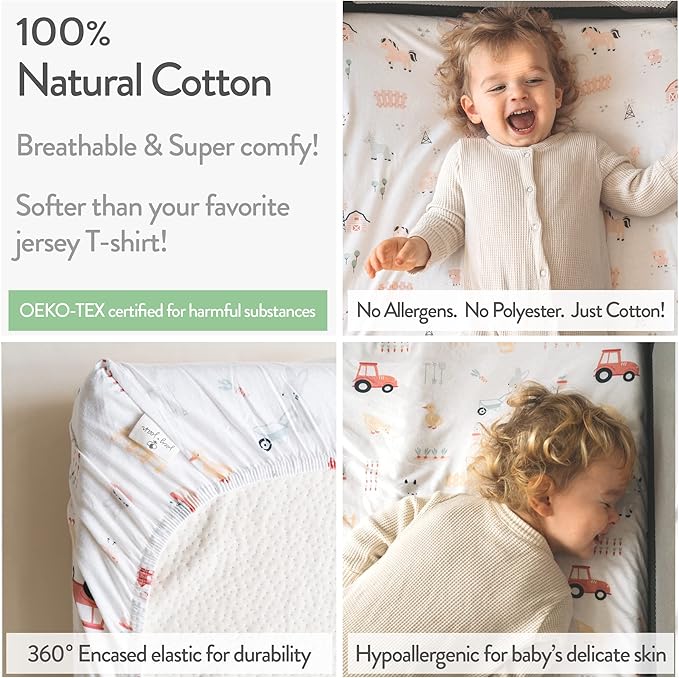 Travel Crib Fitted Sheets for Baby Bjorn, Guava Lotus Travel Crib and 24 x 42 Inch Travel Light Playard Mattress – Snuggly Soft 100% Jersey Cotton – Farm Animals – 2 Pack