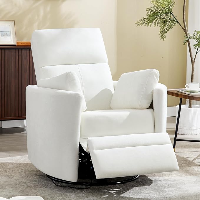 Swivel Rocker Recliner Chair, Manual Nursery Rocking Chair Upholstered Adult Rocking Chair with 2 Pillows for Living Room Bedroom (White, Manual Operation)