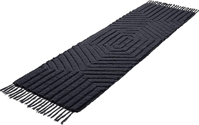 Boho Bathroom Rug 2' x 6', Washable Hand-Woven Tufted Cotton with Tassels, Farmhouse Kitchen Mat for Foyer, Bedroom, Back Door Décor - Dark Grey
