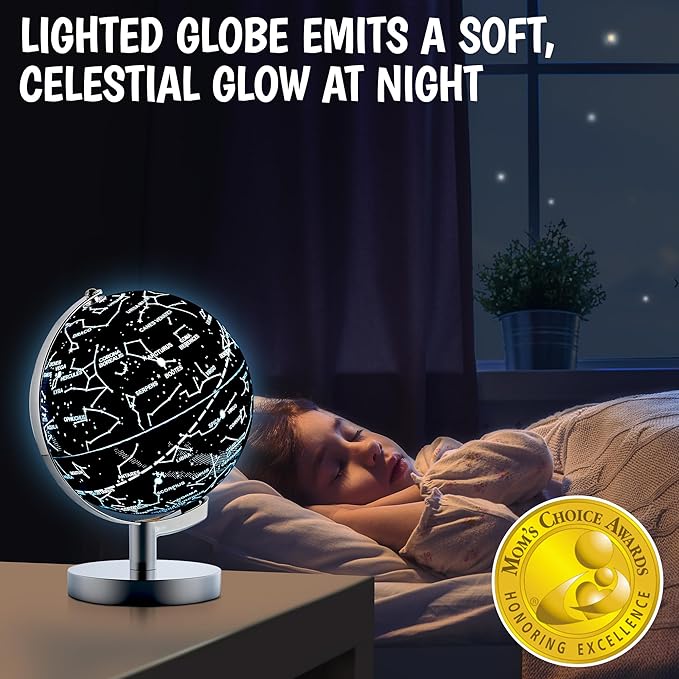 USA Toyz Illuminated Globe for Kids Learning- 3-in-1 STEM Globes of the World with Stand, Constellation Map, Built-in LED Night Light Desk Globe Lamp, Non-Tip Metal Base, 9.75” Tall, 7 Inch Diameter