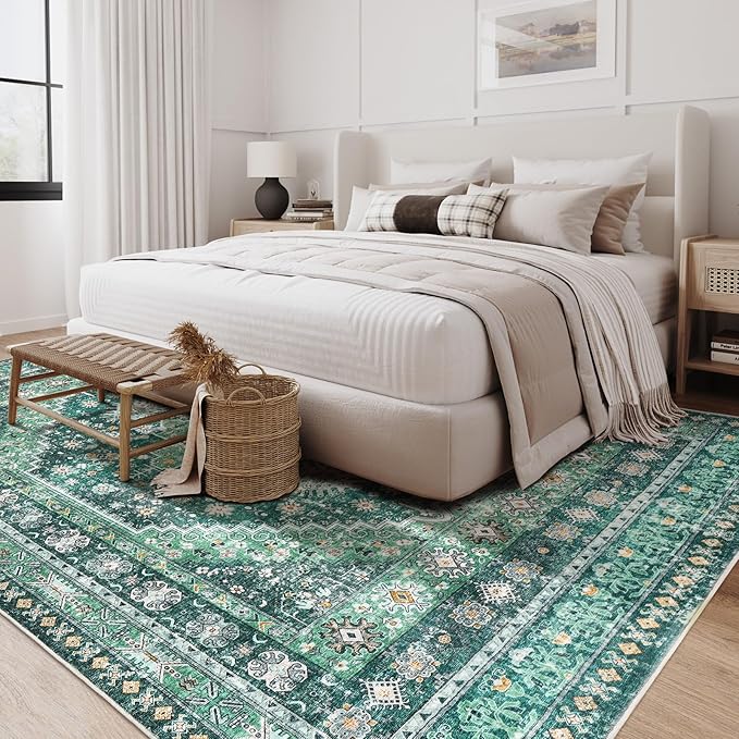 zesthome 8x10 Area Rugs for Living Room,Non-Slip Backing Washable Rugs,Vintage Large Area Rug,Stain Resistant Home Decor Rug(Green/Teal,8'x10')