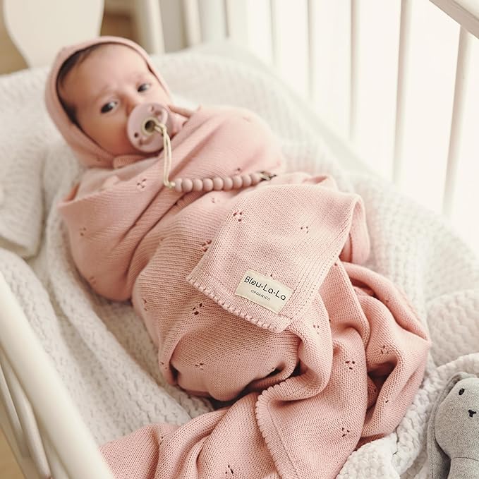 Organic Pointelle Receiving Swaddle Blanket for Girls - 100% Luxury Organic Soft Cotton Knit Warm Cozy Cuddle Stroller Blanket for Newborns, Infants, & Toddlers (Ballet Slippers)