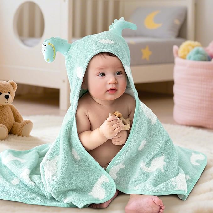VOOVA & MOVAS Baby Hooded Bath Towel - 100% Cotton, 35.5x24 Inches,0-3Years, Super Absorbent Large Hood with Cute Dino for Newborn, Baby, Toddler,Dino
