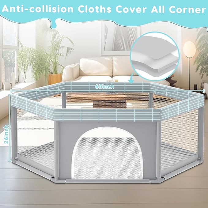 65" ×65" Hexagonal Baby Playpen, Baby Playard for Babies and Toddlers, BabyFence Play Pens for Indoor & Outdoor, Sturdy Safety Play Yard with Soft Breathable Mesh, Anti-Fall, Grey