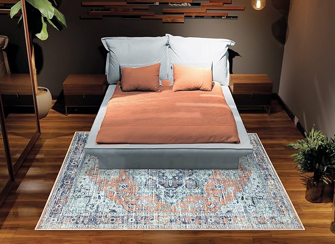 Bloom Rugs Washable Non-Slip 5' x 7' Rug - Peach/Blue Traditional Area Rug for Living Room, Bedroom, Dining Room, and Kitchen - Exact Size: 5' x 7'
