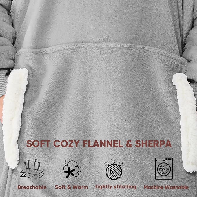 yescool Wearable Blanket Hoodie - birthday gifts for Adults/Women/mom, Flannel Cozy Sherpa Fleece Blanket Sweatshirt with Hood, Pocket & Sleeves,Largre, One Size Fits All (Cloud)