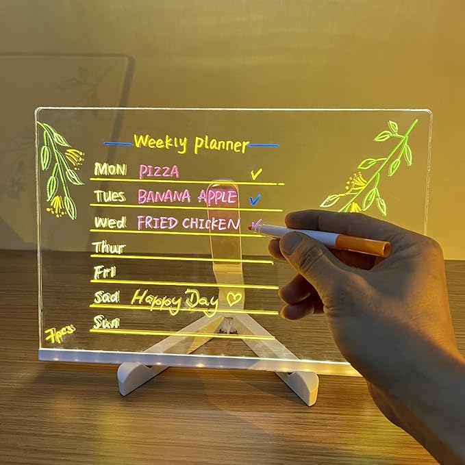 LED Note Board with Colors,Led Light Up Acrylic Message Board,LED Illuminated Drawing Board Light Up Dry Erase Board with Stand for Office School Home (7.88x7.88'')