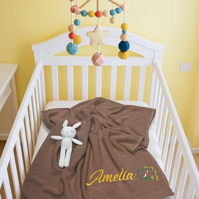 Personalized Baby Blanket with Embroidered Name, Custom Knit Blanket for Girls Boys, 30x40in Customized Baby Receiving Blankets, Personalized Christmas Birthday Baby Newborn Gifts (Brown)