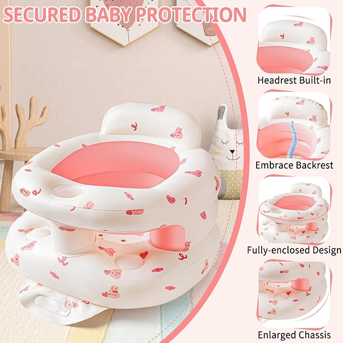 Inflatable Baby Seat with Full Enclosure, Comfortable Sit Me Up Baby Chair for Learning to Sit, Built in Air Pump Blow Up Infant Back Support Floor Seat for Babies 3 Months & Up (Bunny)