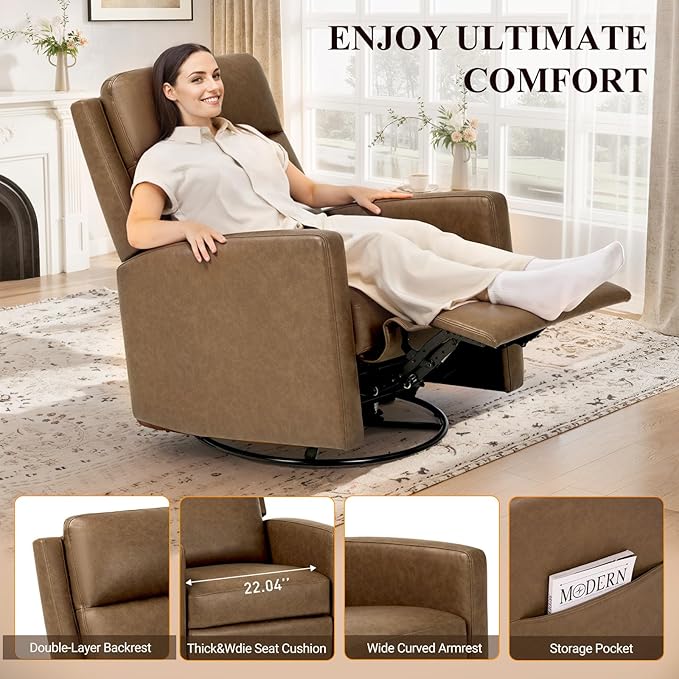 COLAMY Recliner Chair, PU Leather 360° Swivel Rocker Recliner, Nursery Glider Recliner with Ergonomic High Backrest and Upholstered Deep Seat for Living Room, Bedroom, Color Brown