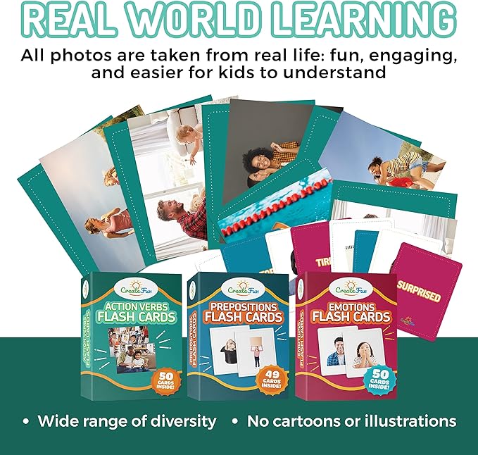 149 Prepositions, Emotions & Action Verbs Flash Cards Set - Educational Photo Cards with Learning Games for Toddlers, Kids, Adults, Seniors, Preschool Prep, Speech Therapy and ESL Teaching Materials