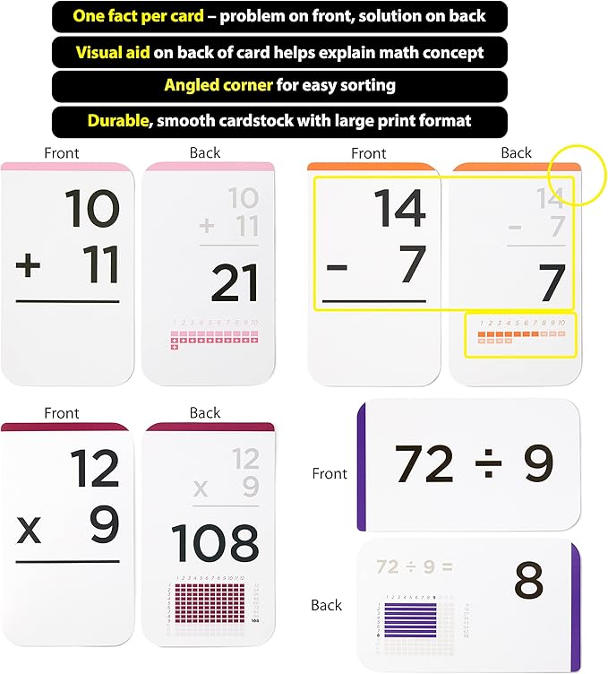681 Award-Winning Math Flash Cards + Dice – Learn Addition, Subtraction, Multiplication & Division Facts 0–12 – Color-Coded with Games, Charts & Sorting Tabs – Grades K–6 – Jumbo Size (5.2” x 3.1”)