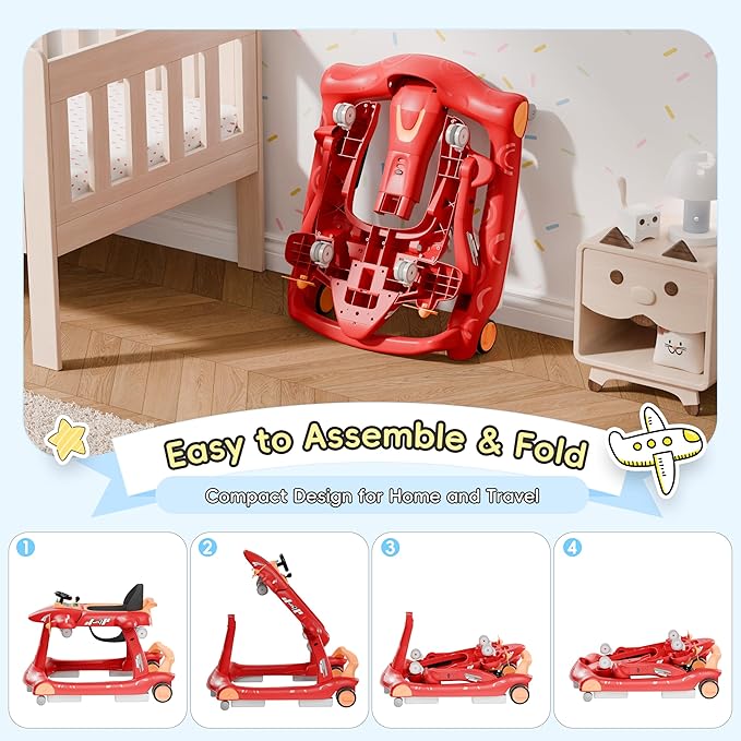 Xilingol 6-in-1 Baby Walker with Wheels, Adjustable Height & Speed Activity Walker with Padded Seat, Foldable Walker for Babies, Toddler Push Walkers for Boy & Girl 6-18 Months, Music & Light