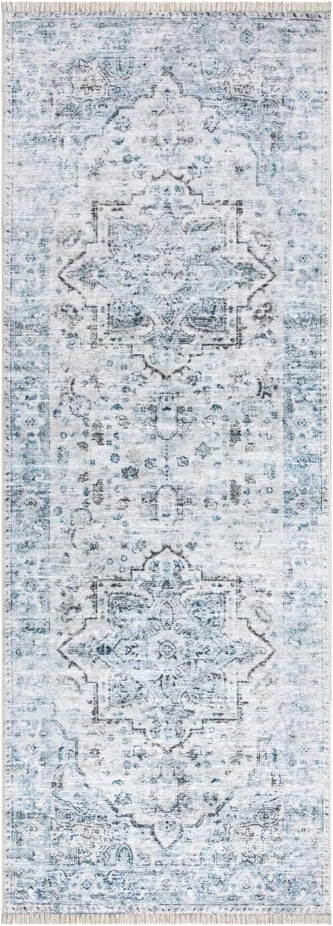 Bloom Rugs Caria Washable Non-Slip 12 ft Runner - Ivory/Blue/Gray Traditional Runner for Entryway, Hallway, Bathroom, and Kitchen - Exact Size: 2'6" x 12'
