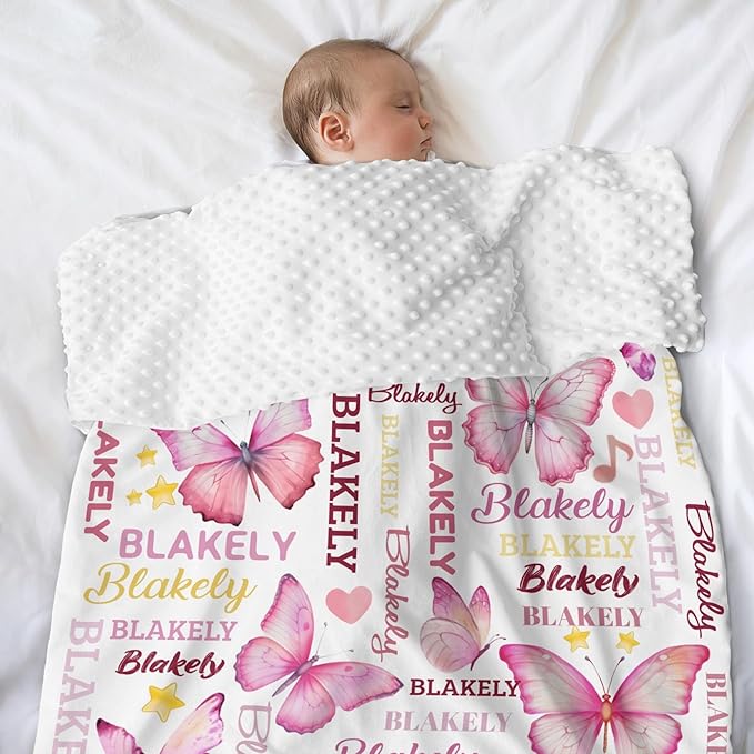 Personalized Baby Blanket for Girls Butterfly Custom Baby Blankets with Name Dotted Backing Customized Gifts for New Mom Customize Baby Blanket for Kids Newborn Birthday