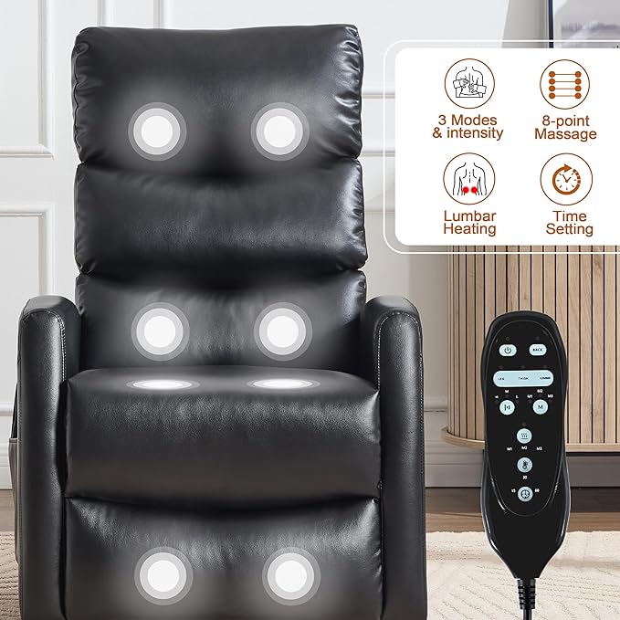 Manual Swivel Rocker Recliner Chair with Massage, Overstuffed Recliner Glider with Vibration Massage and Heat for Nursery, Living Room Reclining Sofa Chair, PU Leather Black