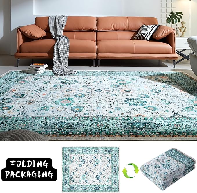 Area Rugs 8x10 Rug for Living Room Clearance Washable Boho Area Rug Non Slip Soft Vintage Low Pile Large Rug for Living Room, Bedroom, Farmhouse, Dining Room, Kids Playroom(Green)