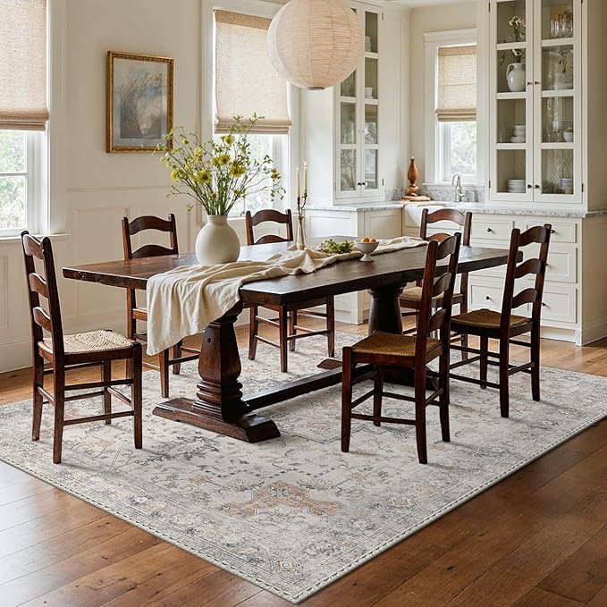 GENIMO 7x10 Area Rugs for Living Room, Non Slip Machine Washable Vintage Rugs, Low Pile Lightweight Chenille Print Large Rug for Bedroom, Dining Room, Home Office, Light Taupe Brown