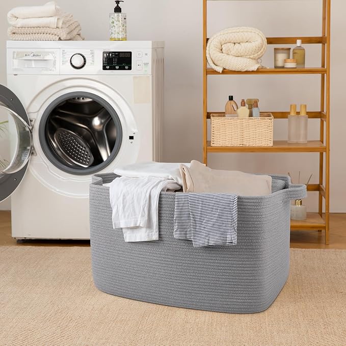 95L Large Storage Basket, Cotton Rope Woven Blanket Basket, Nursery Storage for Baby Room, Living Room, 24" x 16.9" x 14.2", Light Grey