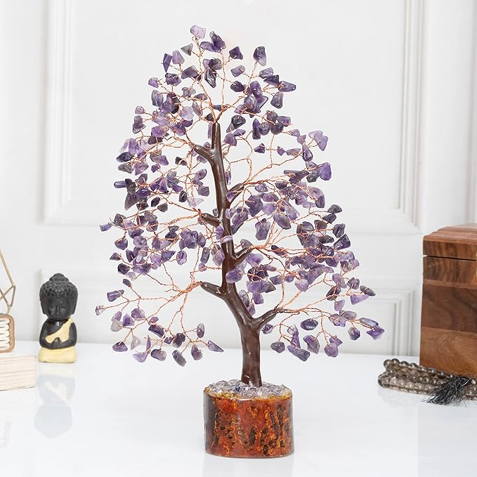 Crocon Amethyst Gemstone Tree Feng Shui Figurine Money Bonsai Chakra Balancing Good Luck Reiki Healing Crystals Decoration Ornament Sculpture Prosperity Table Decor Gift Size 10-12"