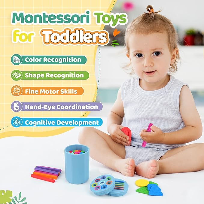 Shape & Color Sorting Montessori Baby Toddler Toys for 1 2 3 Years Boys Girls, Silicone Montessori Toys for 1 Year Old, Fine Motor Skills Sensory Toddlers Toy 1 Year Old Girl and Boy Gift, 2 in 1