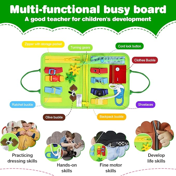 Busy Board Montessori Toys for Toddlers 1-3, Birthday Gifts for 1 2 3 4 Year Old Boy Girl, Autism Sensory Travel Toy, Educational Activity Book Board for Learning Fine Motor Skills Toys, Green
