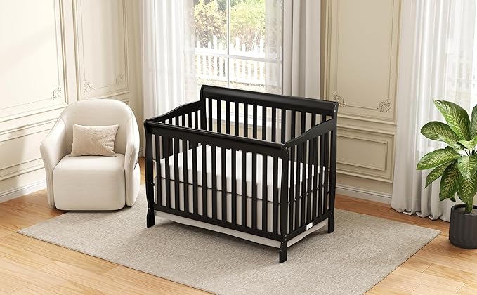 Baby Crib 5-in-1 Convertible, Wooden Cribs Converts to Toddler Bed, Daybed and Full-Size Bed, Nursery Furniture with Non-Toxic Finishes (Black)