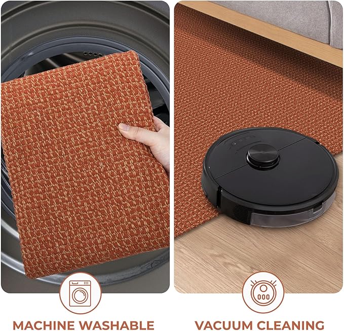 KOZYFLY Long Runners for Hallways 2x12 ft Washable Kitchen Runner Non Slip Rubber Backed Hallway Rugs Cotton Entryway Runner Rug Floor Carpet for Indoor Hall, Backdoor, Kitchen, Orange/Tan