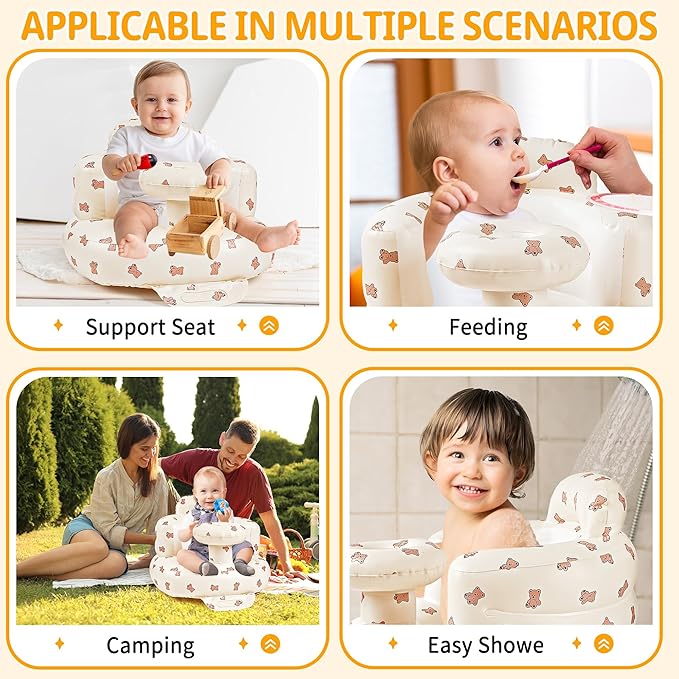 Inflatable Baby Seat with Tray, Comfortable Sit Me Up Baby Chair for Learning to Sit, Built in Air Pump Blow Up Floor Seat with Back Support 3 Months & Up (Biscuit Bear with Tray)