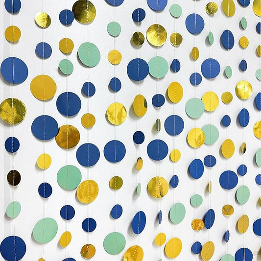 Blue Gold Green Decorations Circle Dots Garland Metallic Gold Navy Blue with Sage Green Hanging Polka Dot Streamer for Birthday Baby Shower Bridal Shower Wedding Bachelorette Engagement Party Supplies