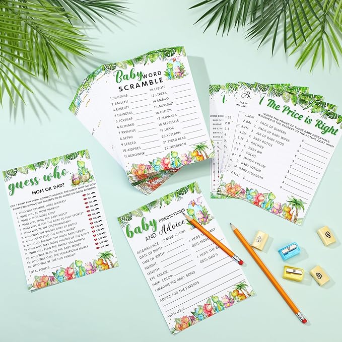 Jetec 302 Pcs Cute Dinosaur Theme Baby Shower Games, 6 Games, 50 Sheets Each, Shower Bingo, Word Scramble, Baby Word Search, Predictions and Advice, The Price is Right, Guess Who