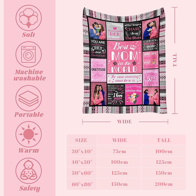 Personalized Mothers Day Birthday for Mom Custom Throw Blanket with Pictures, Customized Photo Blankets Gift for Mom Women Grandma Wife from Daughter Son Kids Husband(mom Grid)