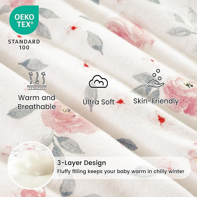PHF 100% Cotton Baby Sleep Sack 12-18 Months, 2.5 TOG Winter Baby Wearable Blanket with 2-Way Zipper, Warm Comfy Quilted Sleeping Bags, Infant Sleeping Sack for Newborn Girls, Large Size, Pink Floral
