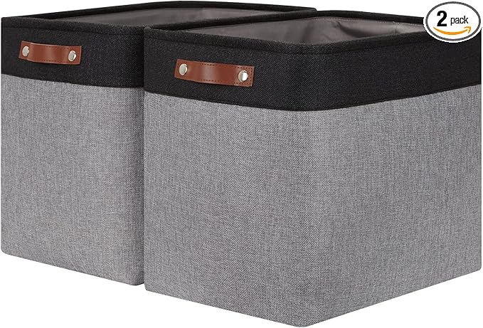 HNZIGE Fabric Storage Baskets Large Cloth Baskets Set of 2, Rectangular Shelf Baskets with Handles for storage, Foldable Tall Baskets for Organizing Linen Closet Organizers(Gray Black)