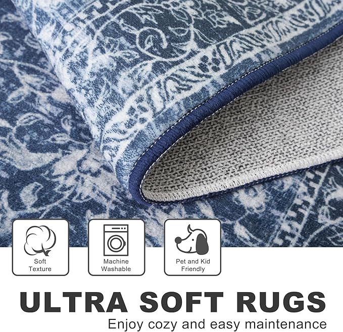 KILOCOCO Area Rug 3x5 Entryway Rug Washable Printed Vintage Floral Rubber Backed Non Slip Indoor Kitchen Rugs for Living Room Laundry Room Playroom Mudroom Moroccan Area Rugs, Blue