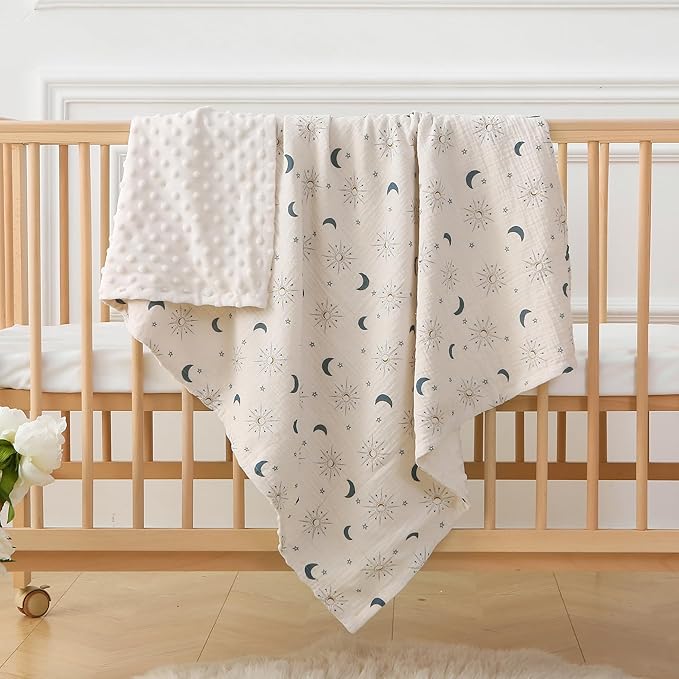DaysU Baby Blankets Unisex with Muslin Cotton Front and Dotted Fleece Back, Silky Micro Super Soft Plush Newborn Baby Blankets for Boys Girls, Bed Blanket Bed Throws, Star Moon, 30x40 inches