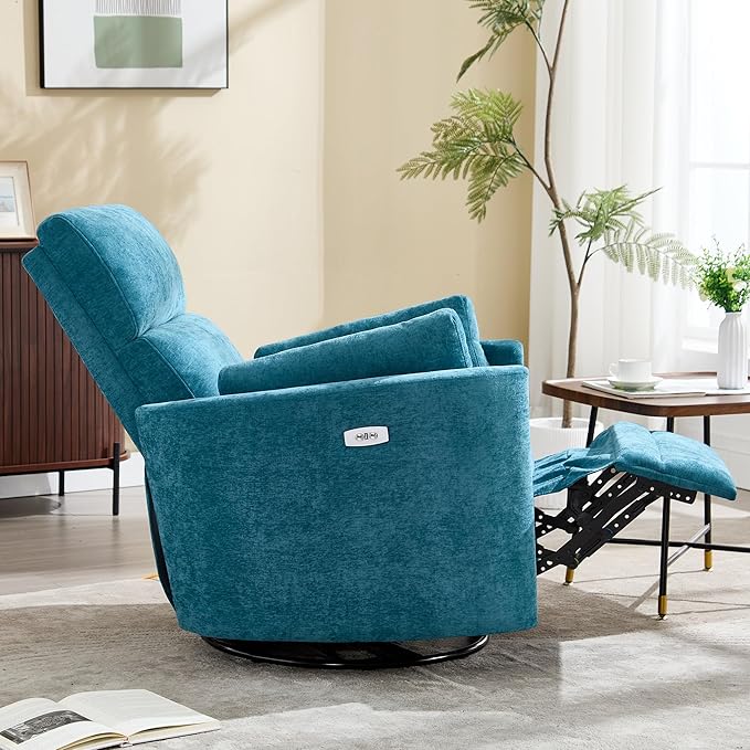 Power Swivel Glider Rocking Recliner, Electric Rocking Chair with USB Port for Living Room Bedroom Upholstered Nursery Chair Adult Rocking Chair with 2 Pillows (Blue, Power-Driven)