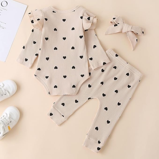 Fullfamous Baby Girl's 3pc Rib Frill Long Sleeve Romper and Pant Set
