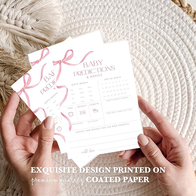 Advice For New Parents Baby Shower, Baby Predictions & Advice Cards For Baby Shower Games Activities, Wishes for Baby, 25 Double-Sided Thick Cards – Pink Bow A05