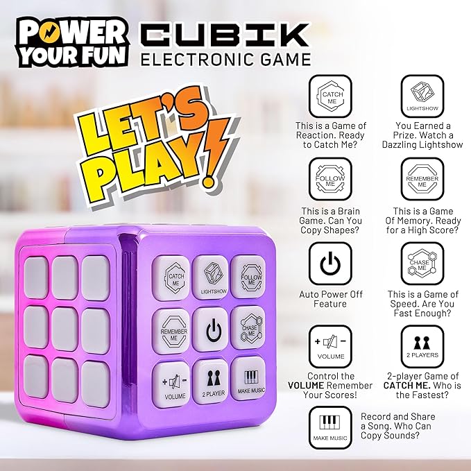 Power Your Fun Cubik LED Flashing Cube Memory Game - Electronic Handheld Game STEM Toy, 5 Brain Memory Games for Kids Brain Play Sensory Toys Puzzle Fidget Toy Light Up Cube (Metallic Pink/Purple)