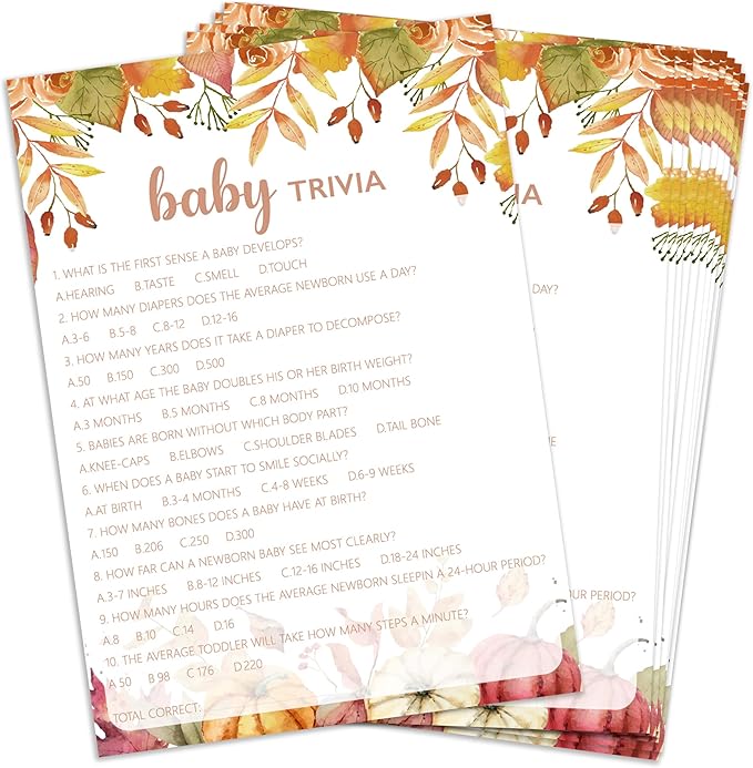 Baby Shower Games Cards, Autumn Baby Trivia Game, Thanksgiving Boy or Girl Baby Gender Reveal Party Favors Decorations and Supplies, 25 Pcs Double-Sided - E05