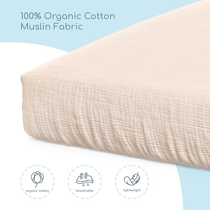 Muslin Crib Sheets, 100% Organic Cotton, Breathable and Ultra-Soft, Standard Crib Sheet Mattress (28"x 52") for Girls and Boys, Neutral Fitted Baby Crib Sheet (Wheat)