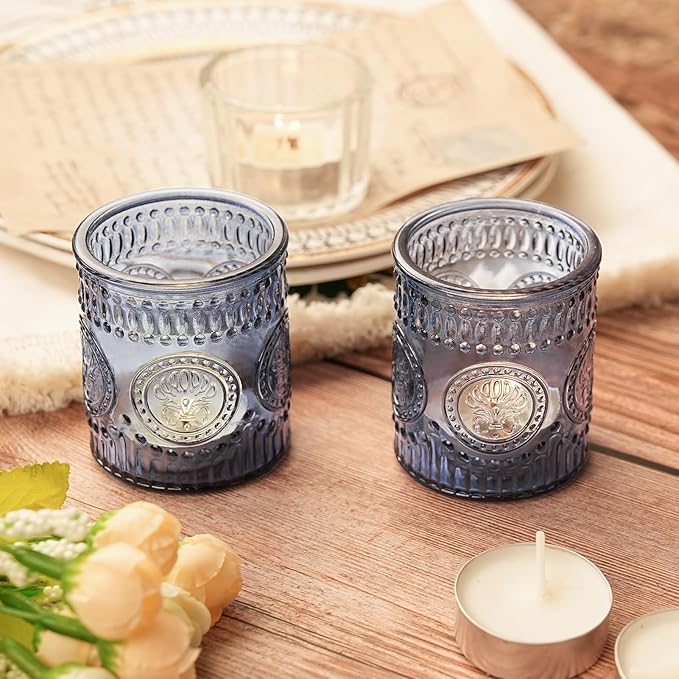30pcs Votive Candle Holders, 2x2.5inch Blue Glass Tea Light Candle Holder Butterfly Pattern Votives for Wedding, Baby Shower, Party Decor