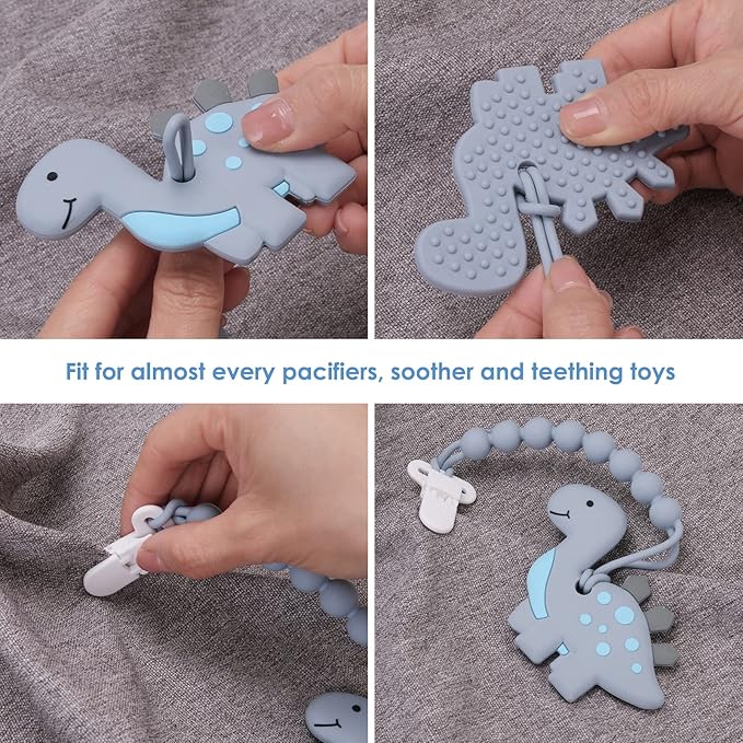 4-Pack Silicone Pacifier Clips with One-Piece Beads for Baby Boys and Girls - Flexible and Rust-Free Holders for Teething Relief and Baby Essentials, Safe for Newborns (Grey)
