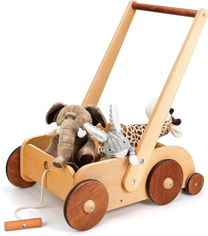 Wooden Baby Walker, Adjustable Speed Anti-Rollover Push Walker Toy for Babies Learning to Walk, Natural Wood Toddler Push and Pull Toys Wagon Birthday Toy for Boy Girl 1-3(Patent Protection)