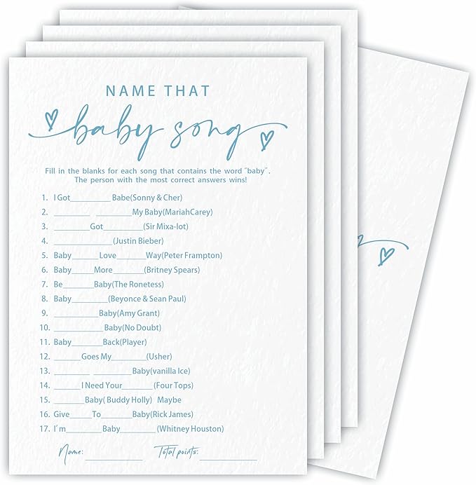 Name That Baby Song Game Set For Baby Shower - Minimalism White & Blue - 30 Double-Sided Fill In Style Game Cards & 1 Answer Card For Gender Reveal, Baby Announcement, Party Favor & Supplies - C04
